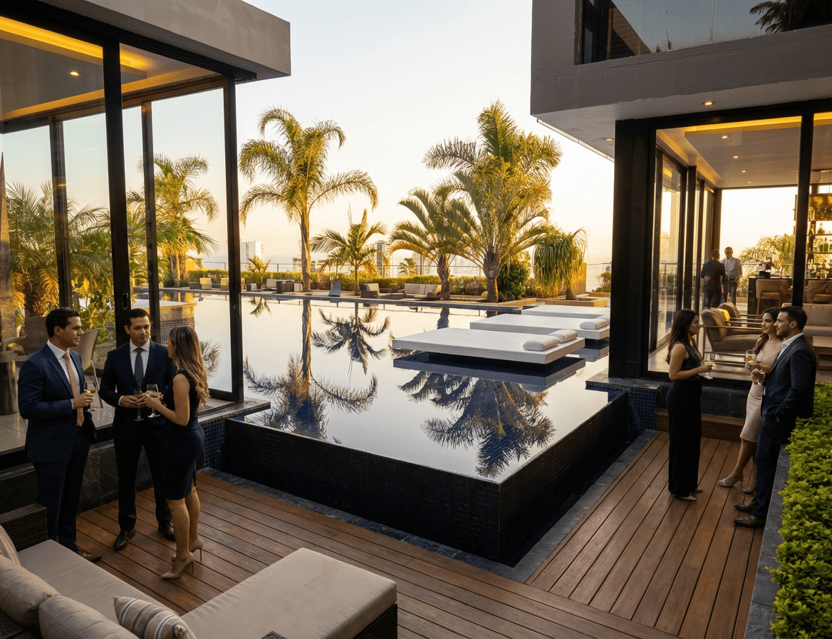 The Signature Lake Deck featuring an inset pool and sunken daybeds, our primary setting for premium post-conference networking.