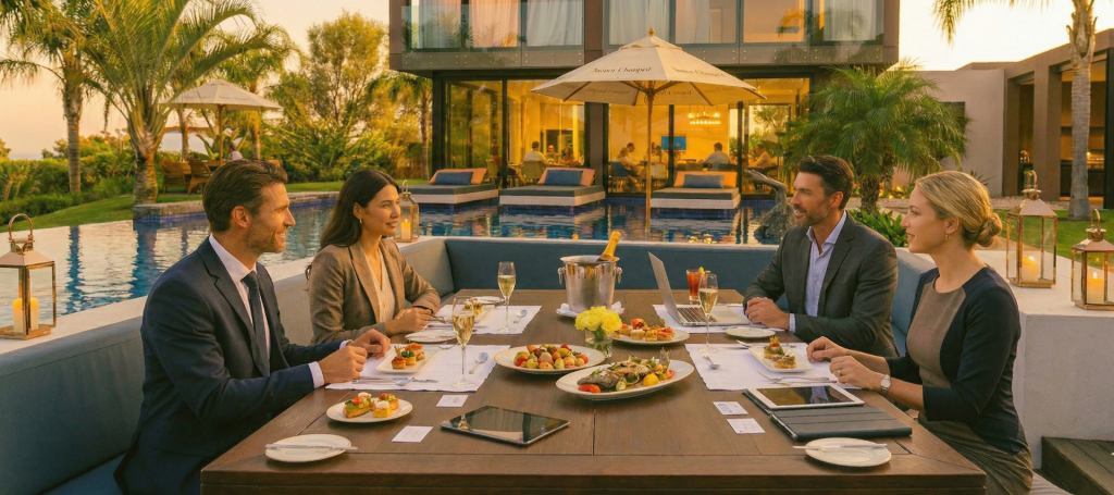 The Sunken Sanctuary: An immersive, water-level seating area designed for intimate executive networking and high-stakes conversation within the Signature Lake Deck